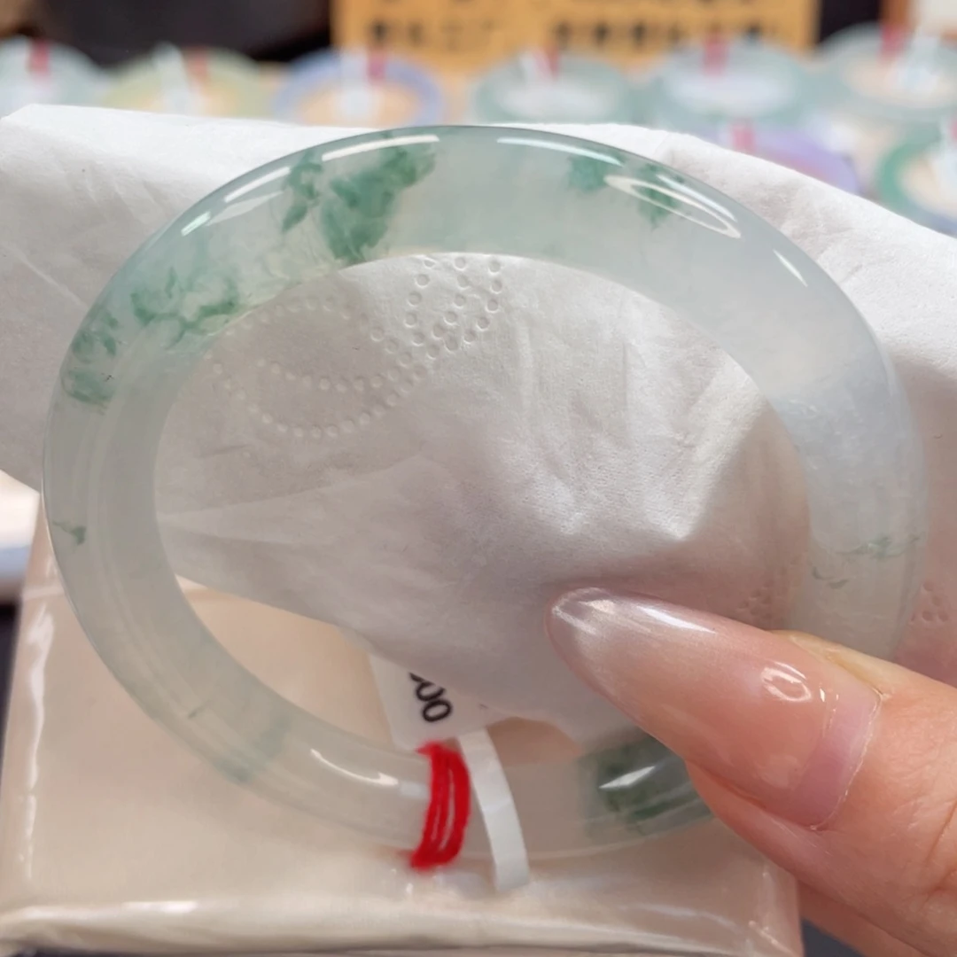 未镶嵌手镯翡翠54.4冰棍子高冰白净飘丝缕绿花16号