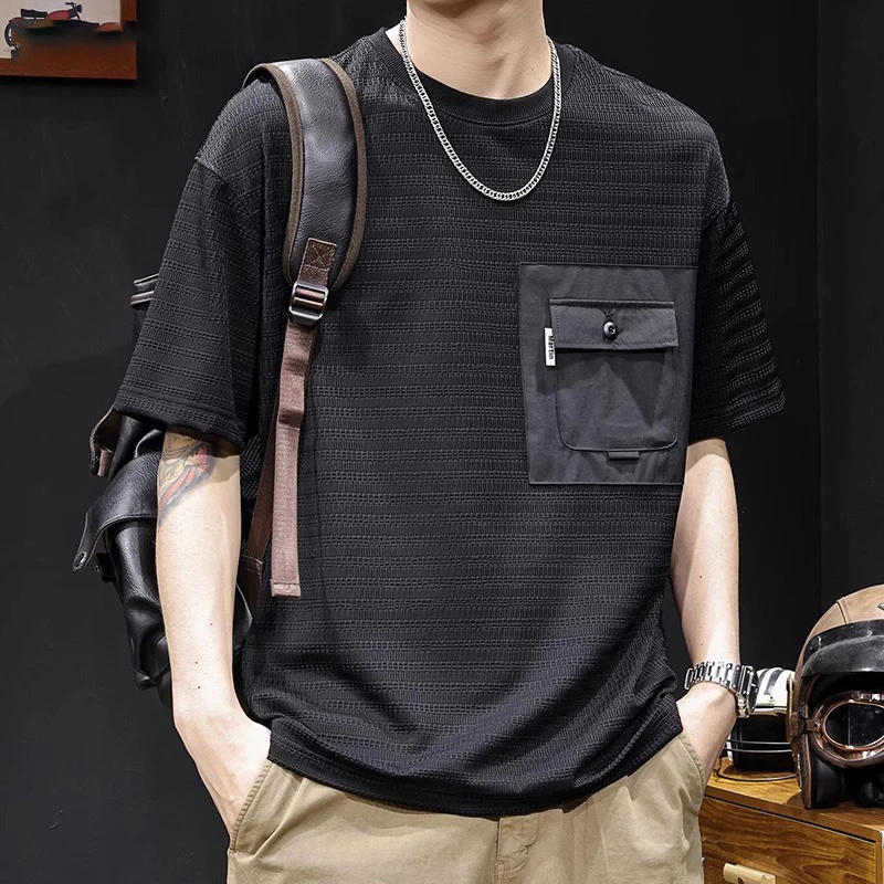 LEIGHZ/雷茨冰丝速干透气短袖t恤男士潮牌大码夏季新款撞色口袋