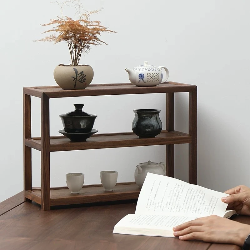 胡桃木三层博古架茶具收纳手工家用置物架中式简约茶杯架茶道壶架