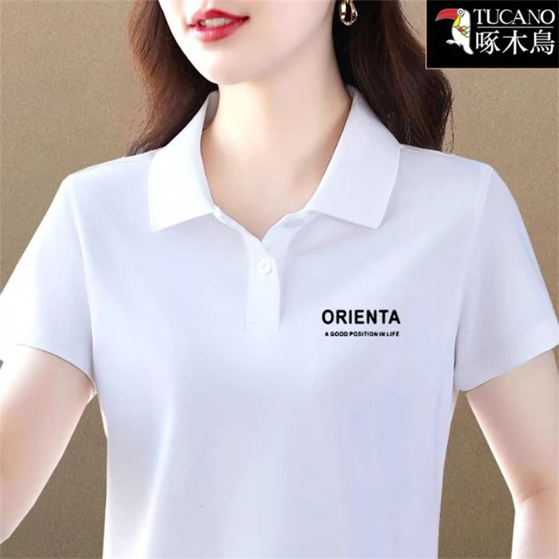 啄木鸟女装新款百搭气质翻领上衣显瘦短袖2025年夏季小众印花T恤