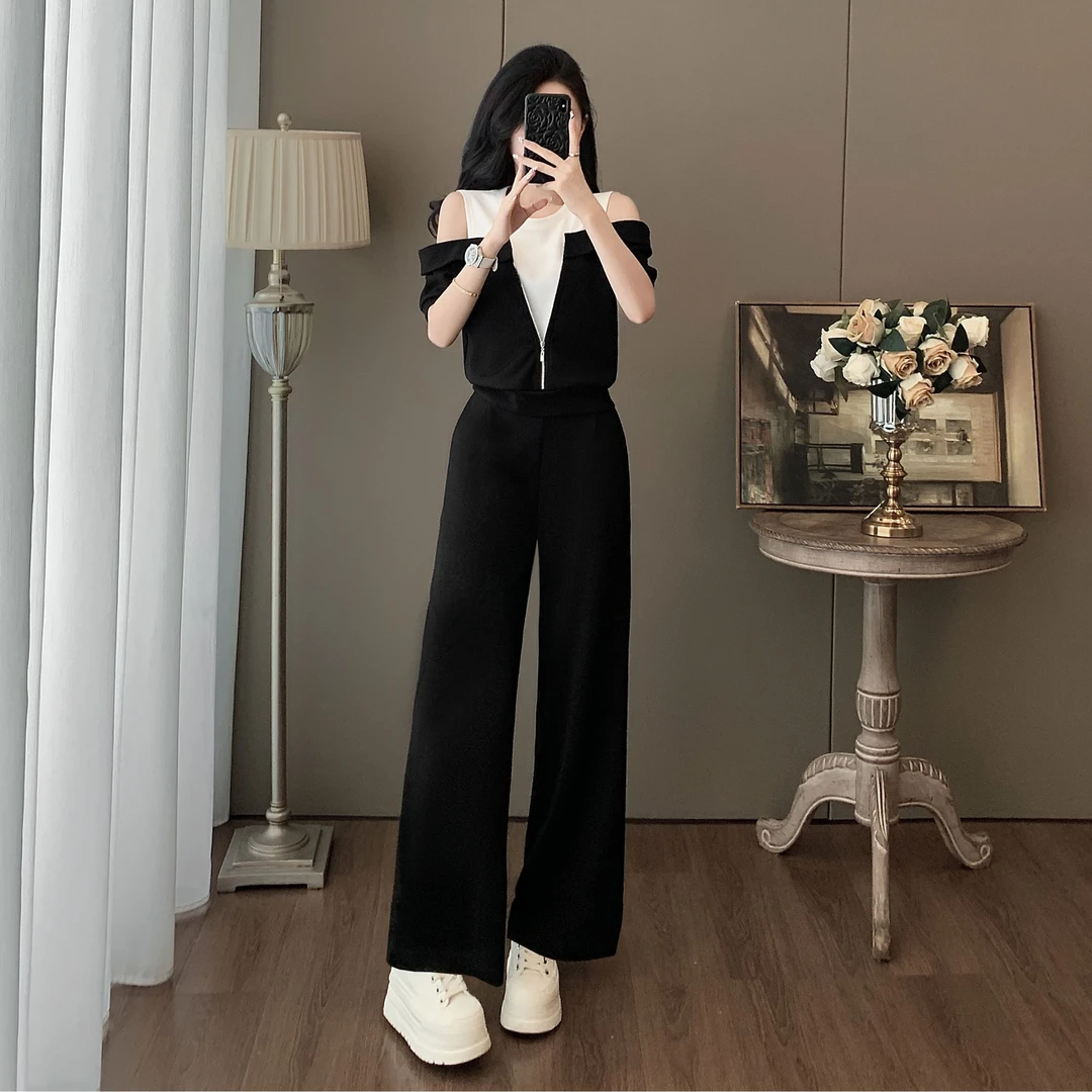 休闲套装女2025夏季新款显瘦黑白撞色假两件露肩短袖阔腿裤两件套