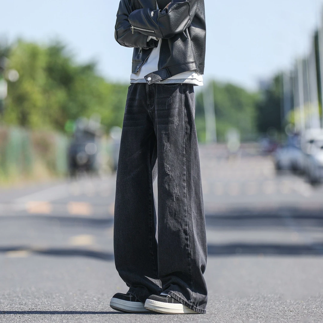 美式高街牛仔裤男款春秋季美式潮牌做旧猫须复古宽松直筒牛仔长裤