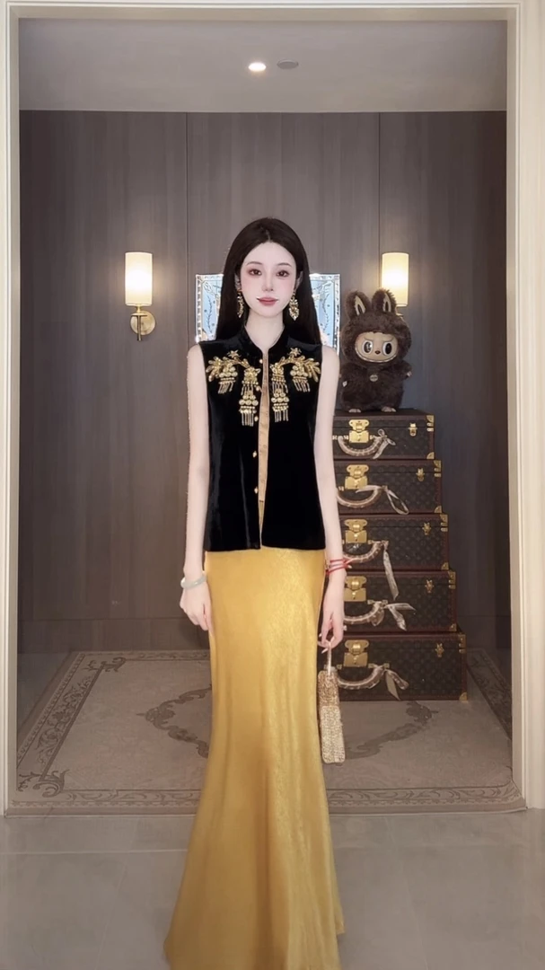 【雅乔定制】墨玉金枝 新中式国风丝绒桑蚕丝马甲坎肩DYZY-25087753