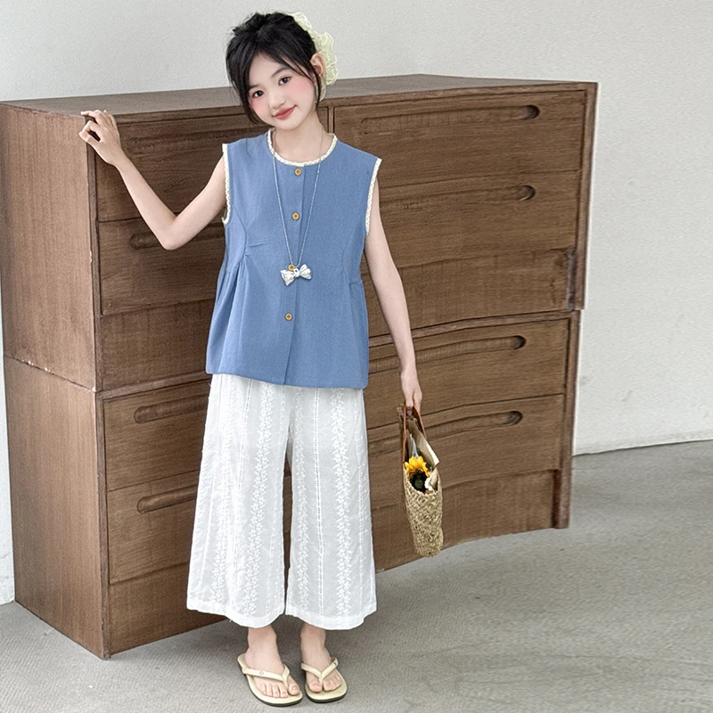 女童夏装套装2025新款儿童夏季宽松洋气娃娃衫中大童九分裤两件套