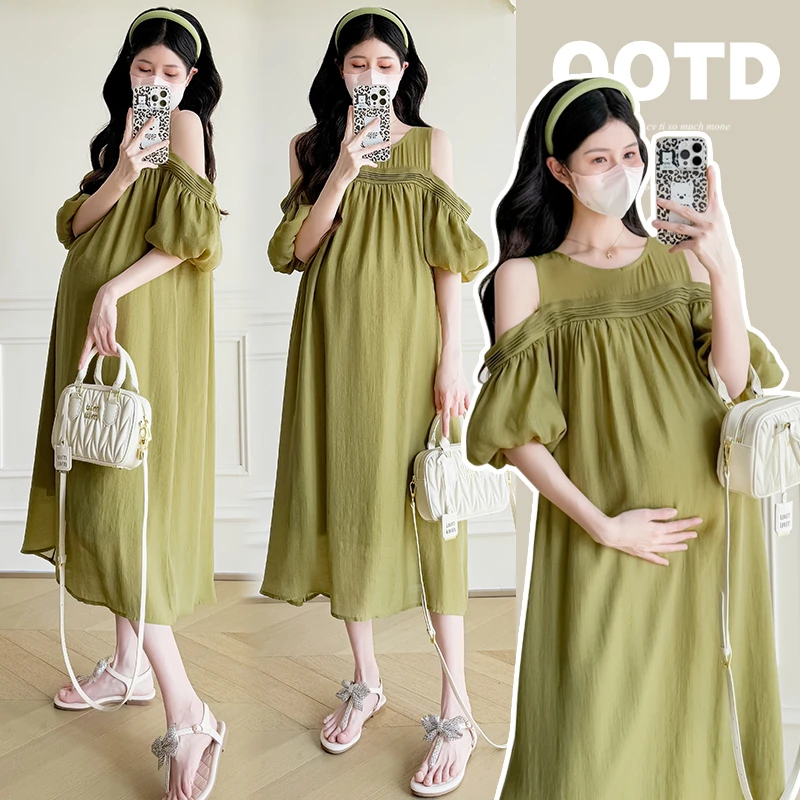 孕妇装减龄小个子夏季新款露肩淑女气质孕妇连衣裙孕妇裙中长款潮