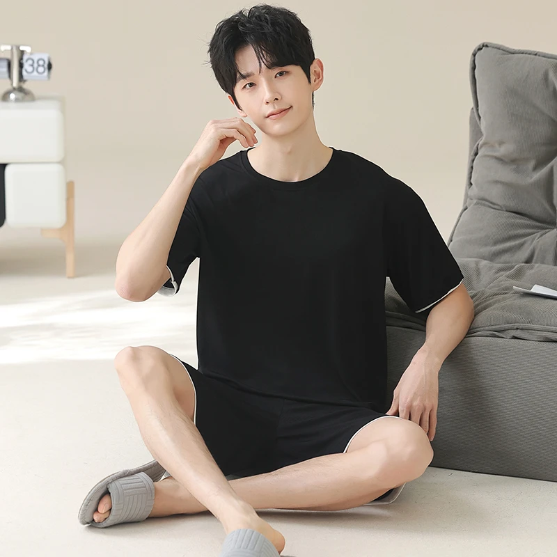 夏季简约冰丝螺纹短袖睡衣男款2025新款纯色休闲男士可外穿家居服