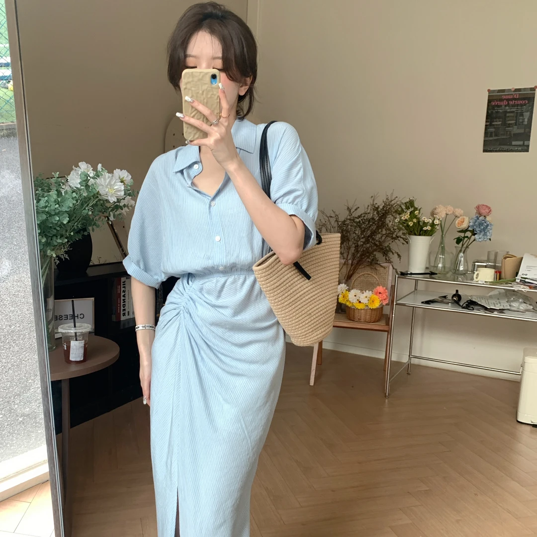 【芝士Cheese】麻豆小姐凉凉条纹衬衫连衣裙春夏超显瘦连衣裙时尚