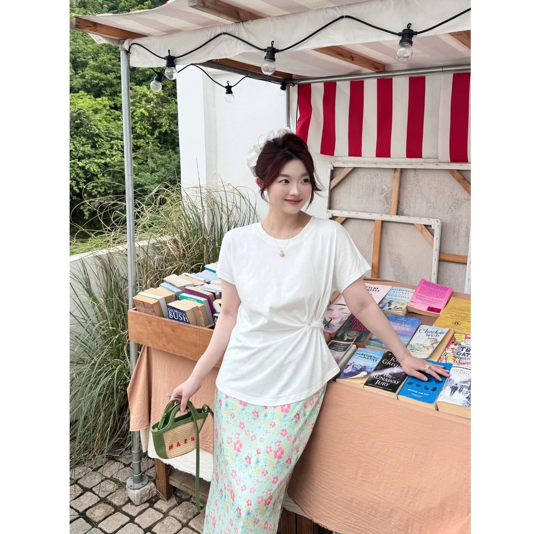 晶咕【白风铃】韩系左侧扭结纯色圆领短袖上衣时尚休闲夏季