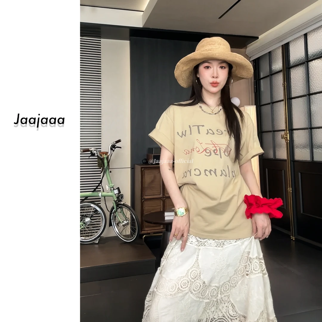 Jaajaaa漫步暖巷  休闲百搭圆领字母印花短袖T恤/EAAE