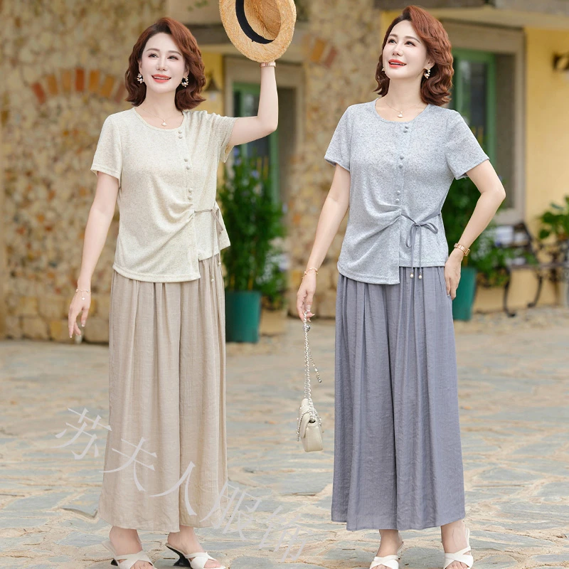 时尚中年妈妈夏装短袖T恤套装中老年女装夏季洋气两件套减龄新款