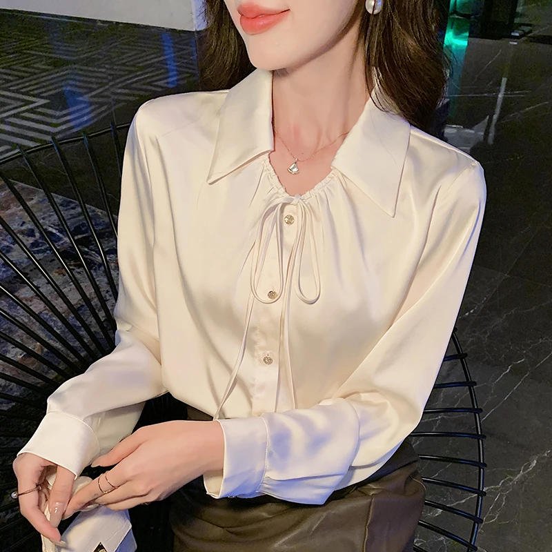 2025春季新款韩版百搭长袖缎面衬衫女上衣春