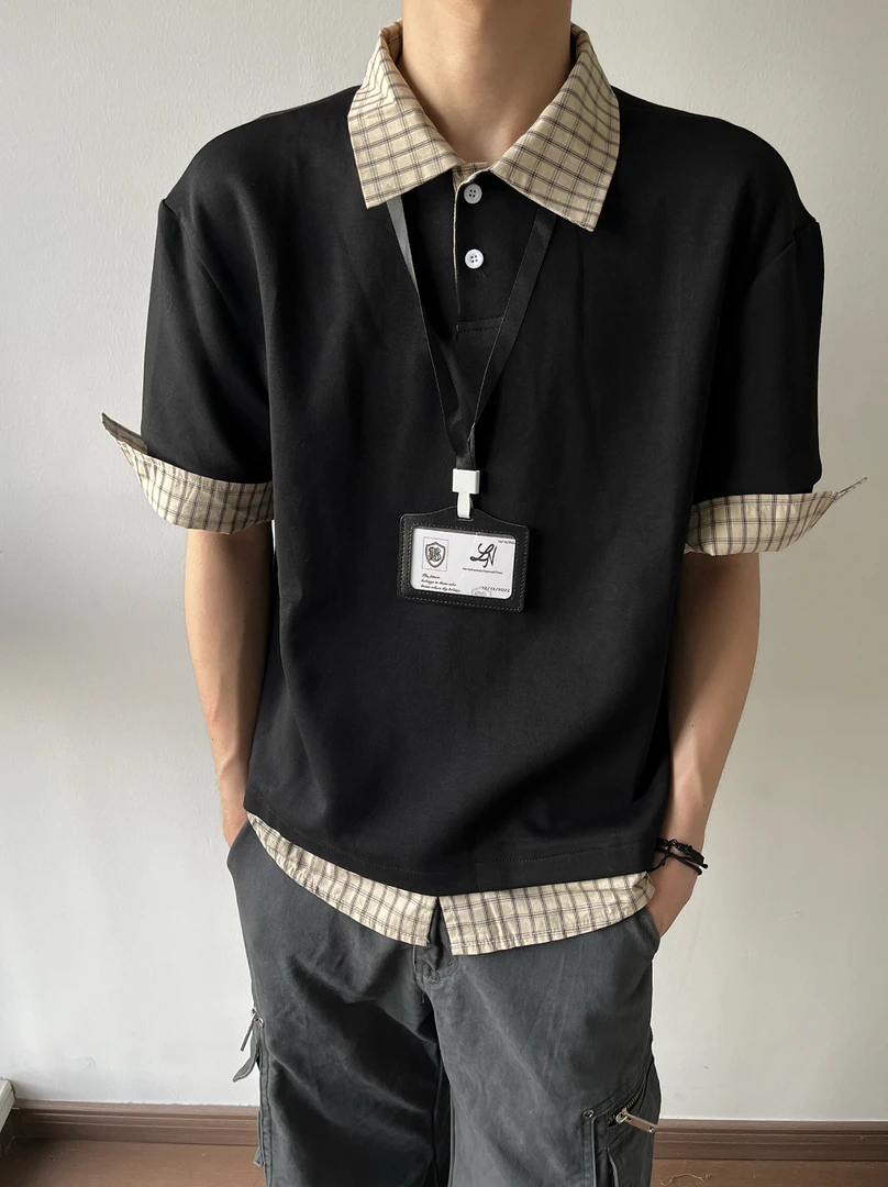 雾海kiss 美式设计感假两件POLO拼接格子短袖T恤男夏季宽松上衣