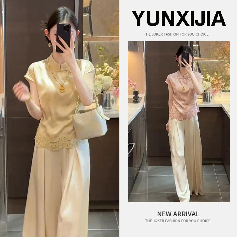 2025新款时尚设计感新中式气质修身显瘦小个子短袖上衣裤子两件套