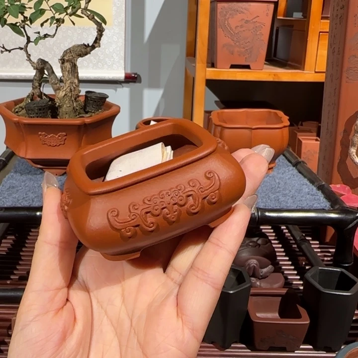 水***珑紫砂花盆全手工制作