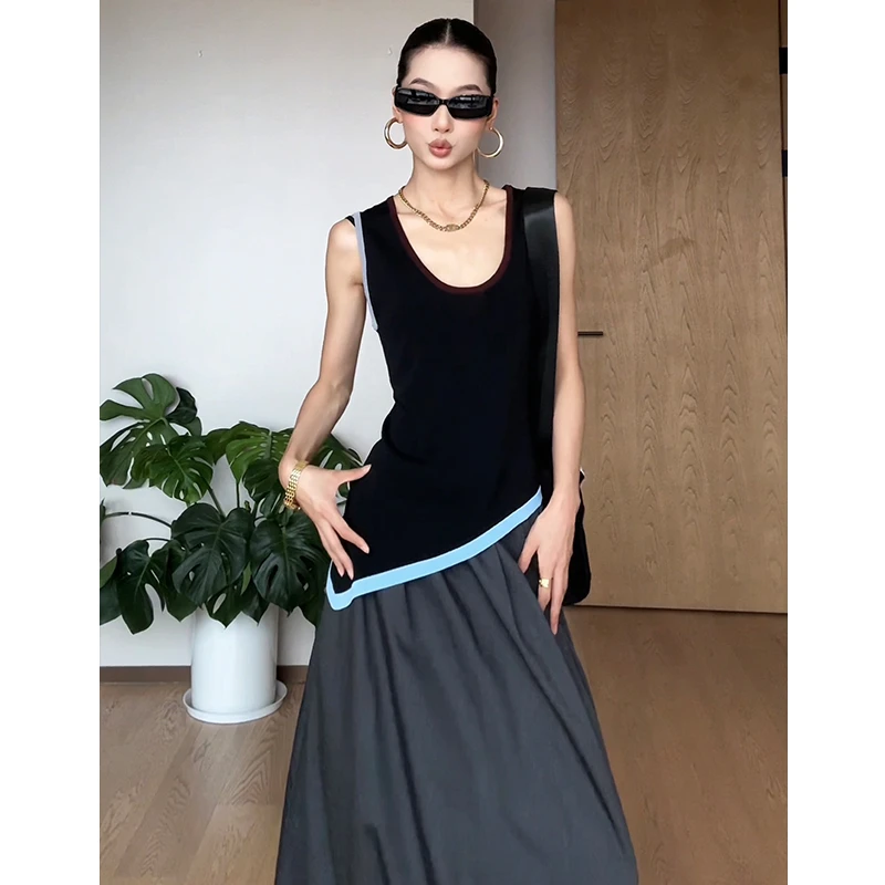 【曲线主义】小众炸街高级感时尚U领撞色无袖针织背心修身百搭上衣
