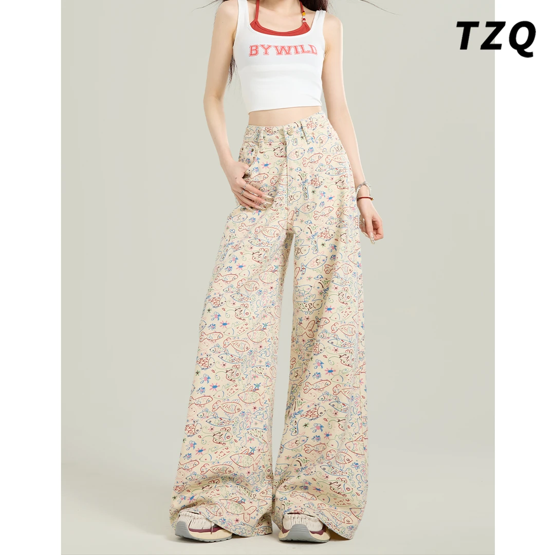 小鱼印花直筒牛仔裤女秋季厚款2025新款高腰宽松阔腿裤TZQ2532926
