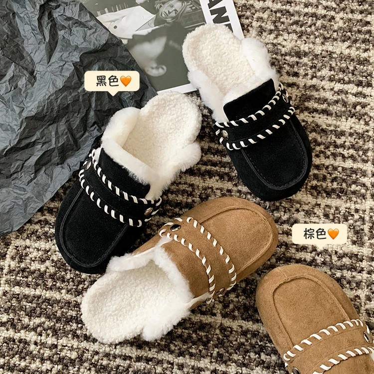 【XIAOXIA】冬季雪地靴半拖包头拖磨砂皮博肯拖鞋百搭保暖加绒厚底