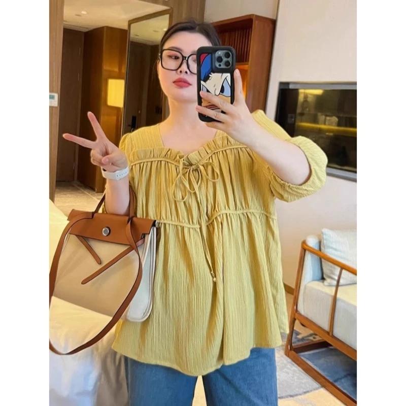 夏季新款300斤大码女装法式荷叶边方领褶皱短袖宽松遮肉娃娃衫女