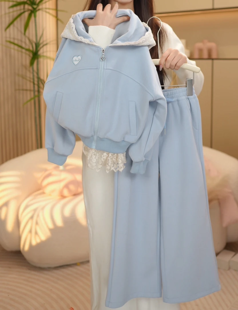 【阿米】女童2025春季新款蕾丝连帽上衣阔腿裤套装hc012