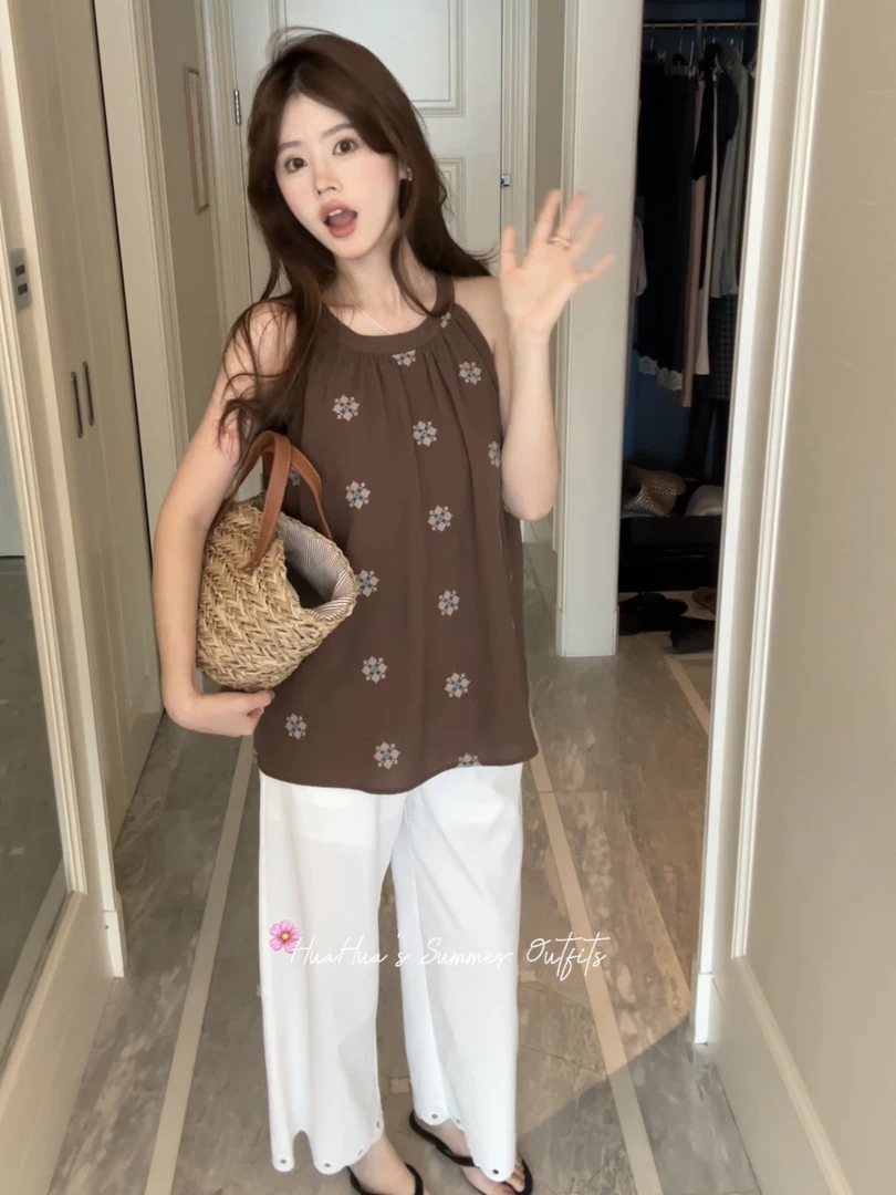 【花花】太妃糖~无袖挂脖绣花背心A字重工刺绣宽松慵懒小衫上衣