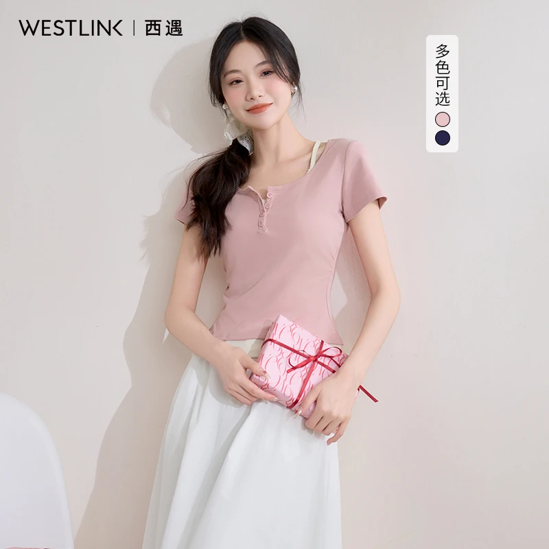 0210西遇吊带短款上衣女2025年春季新款假两件正肩修身短袖t恤