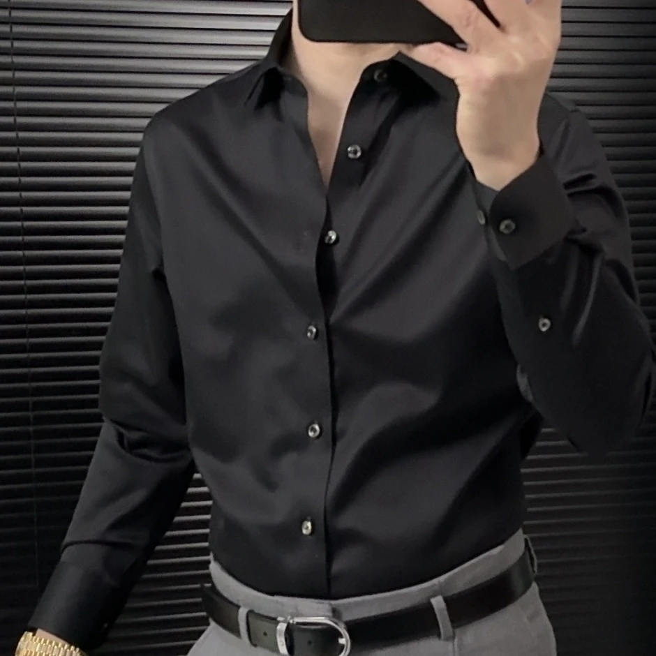 男士（200支纯棉）水晶素色长袖衬衫春秋季修身高级感商务休闲