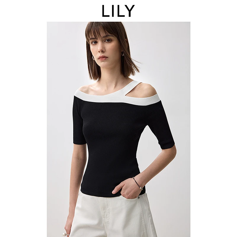 LILY秋新款不规则气质一字肩修身显瘦女装针织衫124309TK961