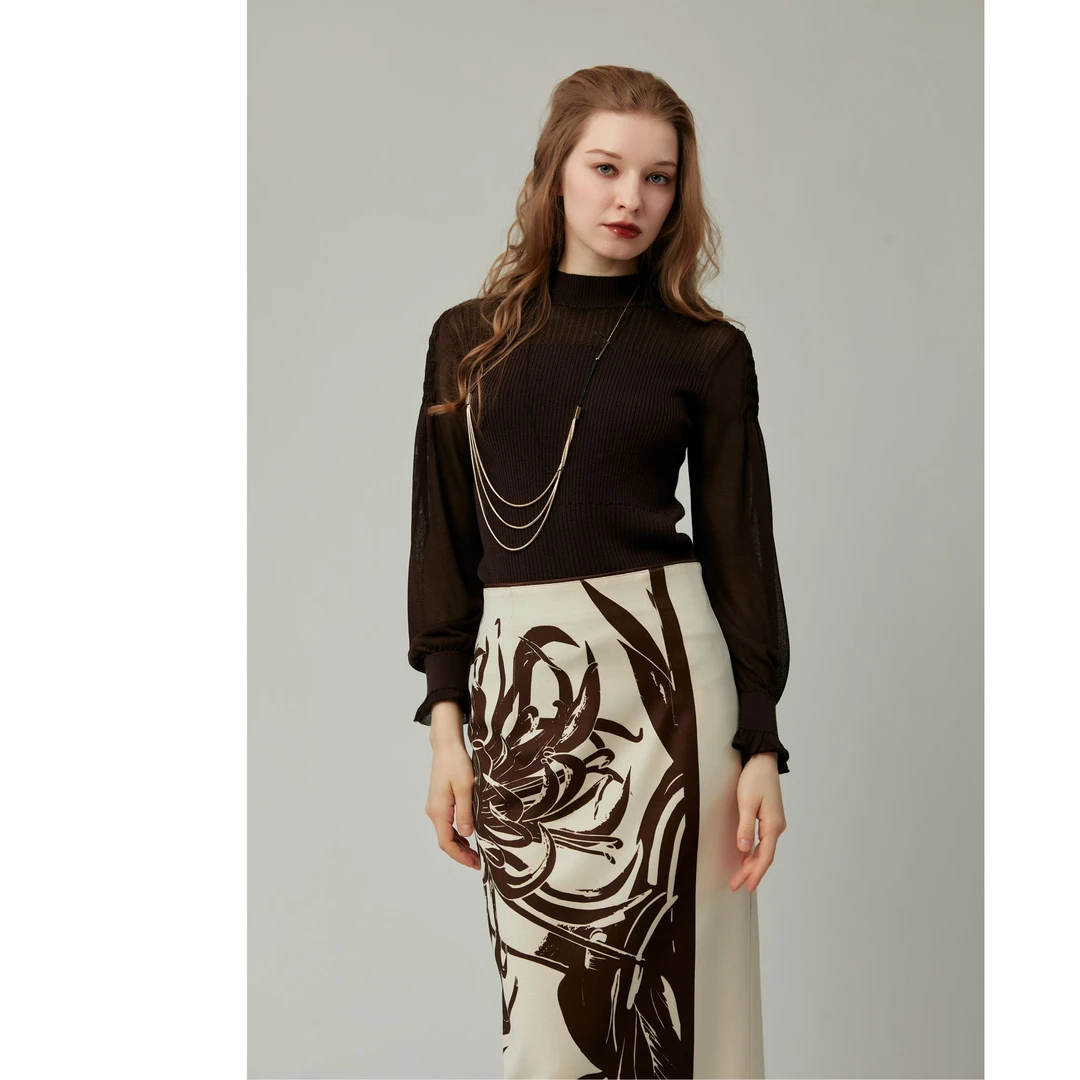 SAFICOO  优雅女人 弹力褶 灯笼袖设计毛织衫