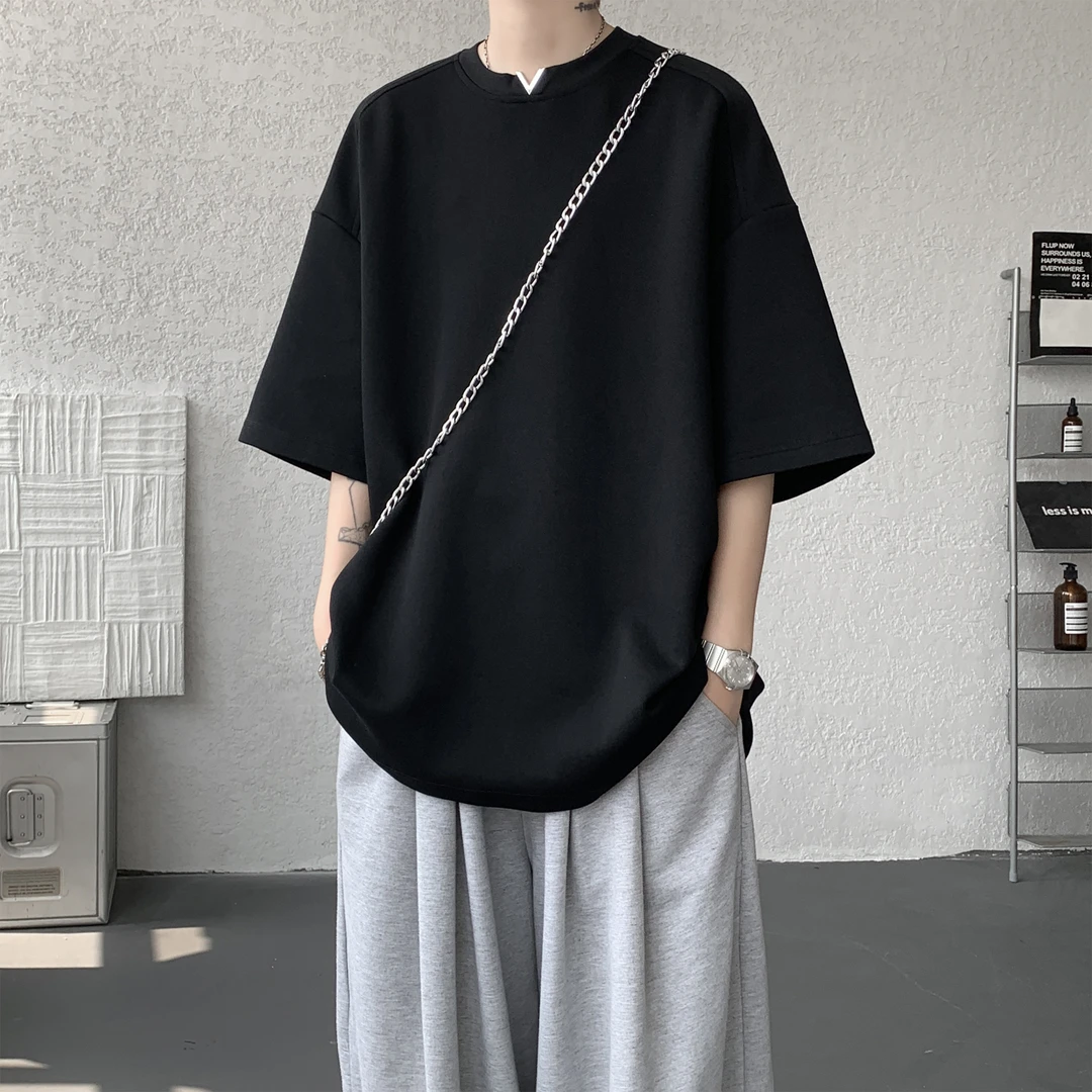 2025夏季新款青少年潮流美式纯色短袖T恤金属字母休闲宽松短袖t恤