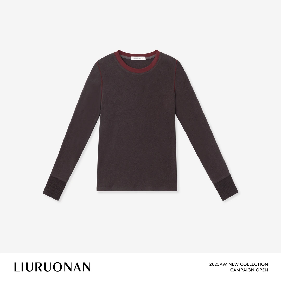 LIURUONAN 25WIN【红棕撞色打底】撞色圆领长袖打底衫秋冬休闲T恤