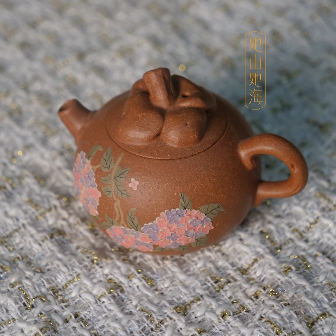 她山她海【山竹绣球花紫砂壶130毫升】宜兴紫砂手绘泥绘泡茶壶