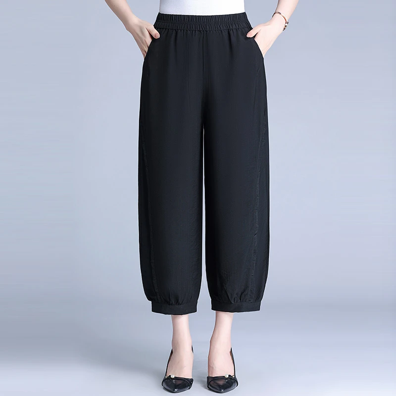 妈妈裤子夏季薄款阔腿裤2025新款中老年人女八九分裤松紧高腰直筒