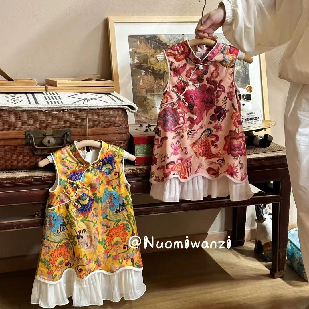 丸子十【现货】新中式假两件缎面旗袍裙（夏款）WZJ-23672