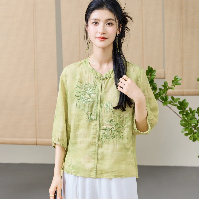金菊【苎麻】新中式国风文艺复古刺绣麻衣25新款春秋T恤Y8532890
