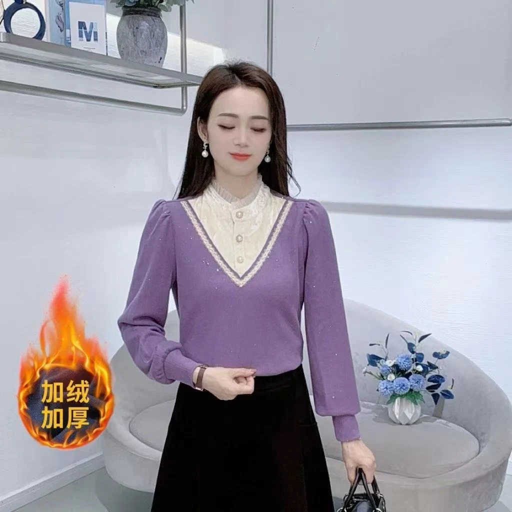 A9059冬季新款假两件上衣花边立领拼接T恤法式打底衫显瘦减龄上衣