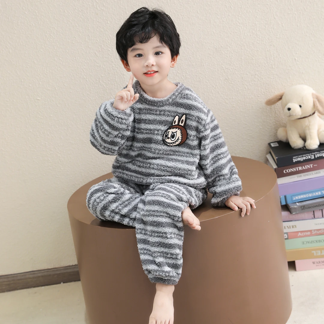 男童睡衣秋冬季法兰绒2025新款珊瑚绒男孩条纹套装冬款儿童家居服