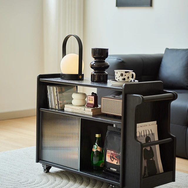 实木边几小茶几可移动客厅沙发侧边柜家用黑色小推车储物柜置物架
