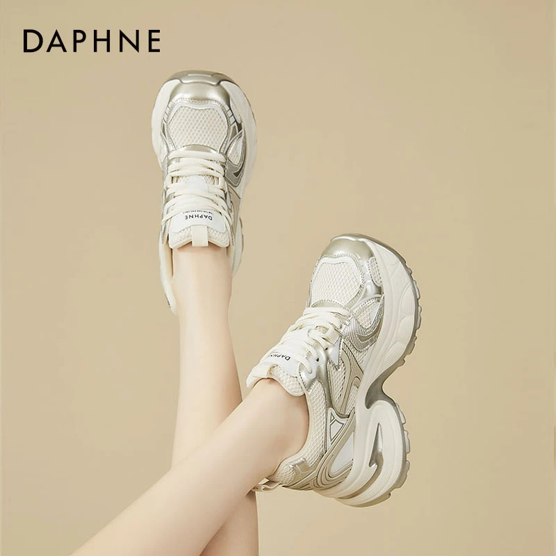 达芙妮9cm厚底小蛮腰老爹鞋女春秋季小个子松糕鞋网面休闲运动鞋