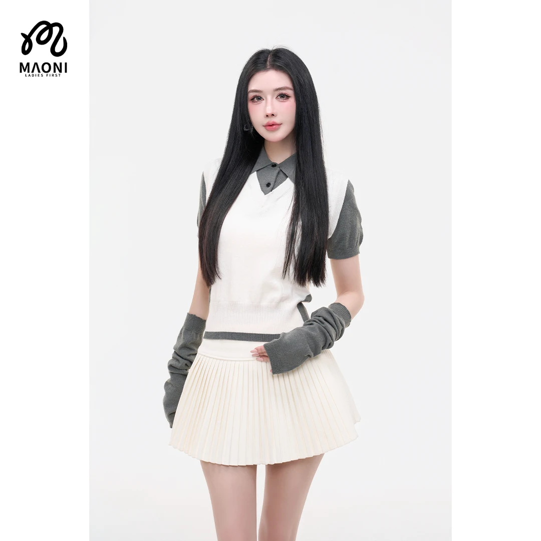 毛妮LADIEST【少女织梦】配袖套 假两件针织衫撞色毛衣L2504