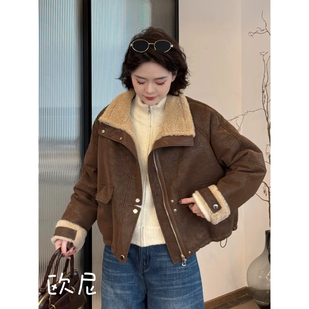 皮毛一体羊羔毛外套女2024新款冬季夹克骑行机车服