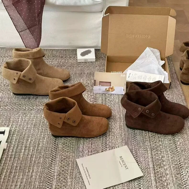 LUDAKE鹿大可 韩系氛围感拉满~真皮翻折两穿堆堆靴软底勃肯短靴女