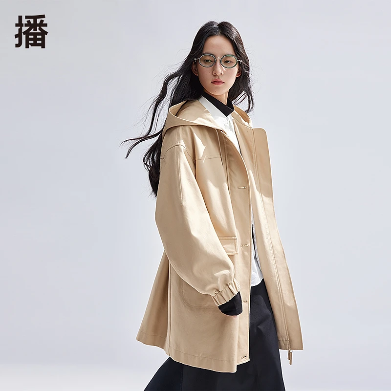 【达人专属】播春休闲春季宽松连帽抽绳中长款风衣BDR1FD0283