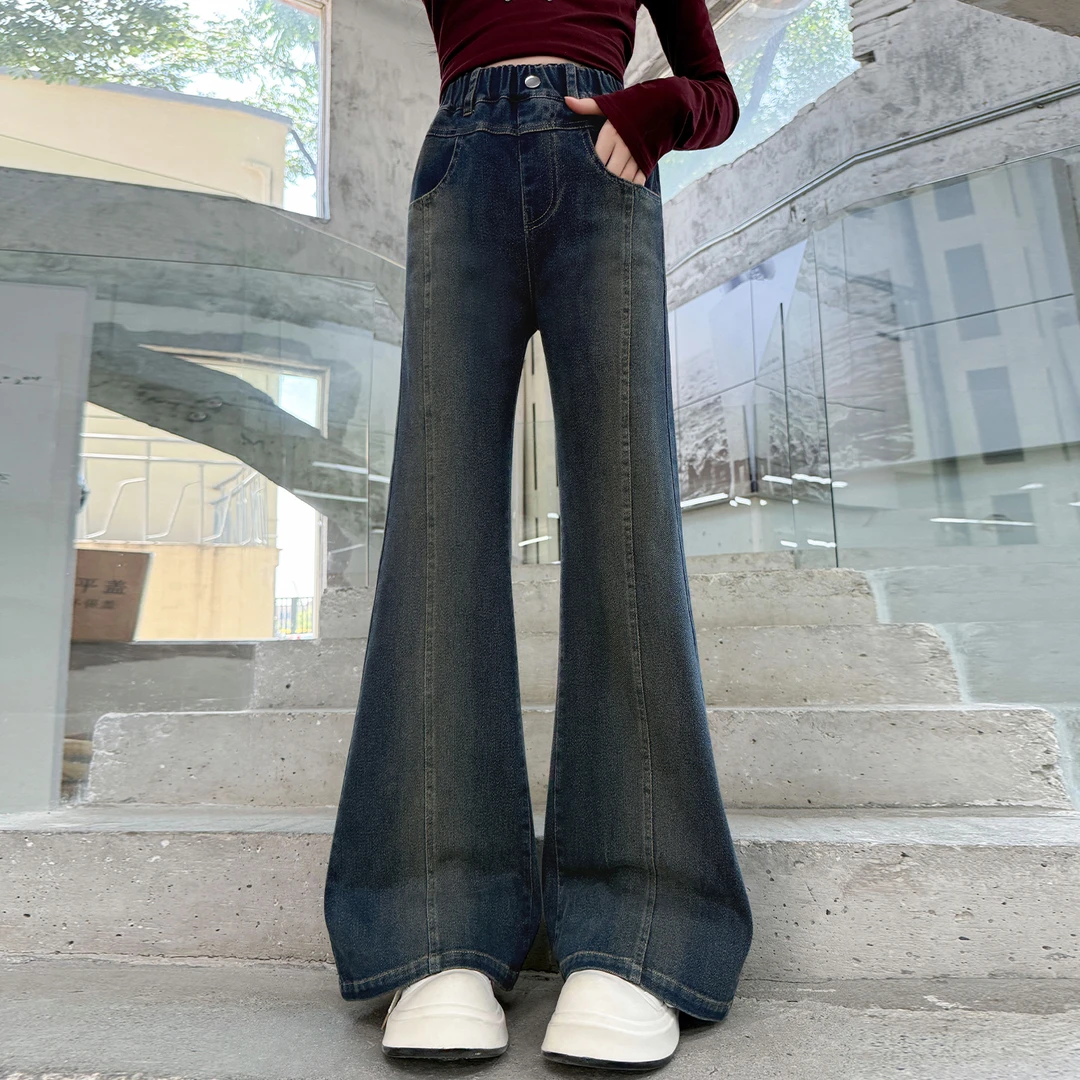 儿童冬装2025新款女童装裤子加绒秋冬款一体绒直筒牛仔喇叭裤冬季