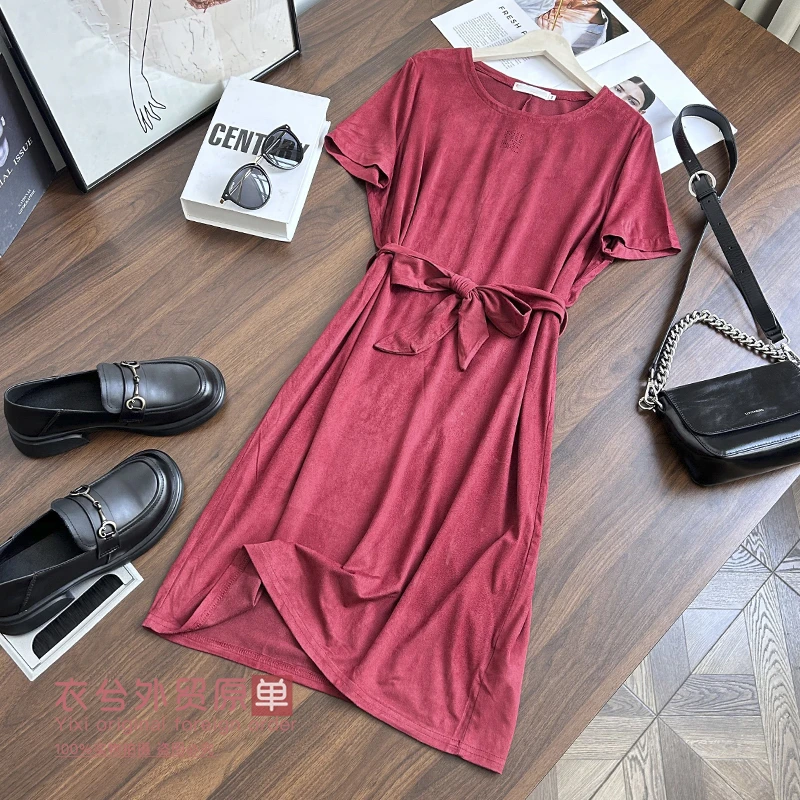 （衣兮轻熟风系带A字裙）夏季新款纯色简约风收腰圆领短袖连衣裙D