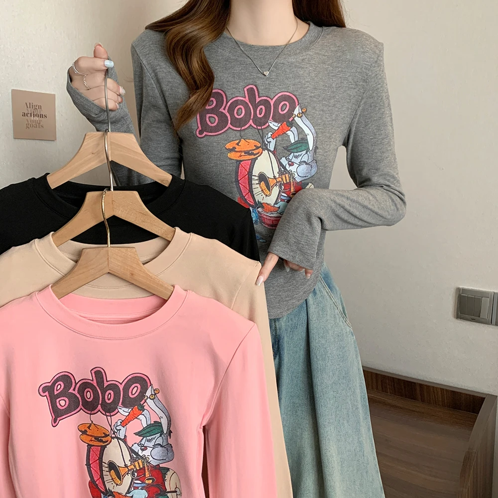 大码女装新款胖妹妹显瘦卡通印花长袖加厚打底2276