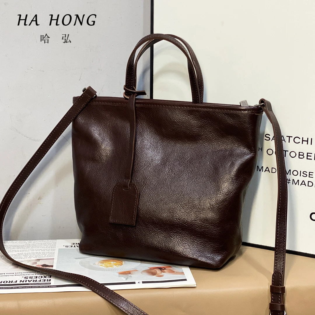 哈弘新款头层牛皮大容量菜篮子手提包复古简约大气真皮手提斜挎包