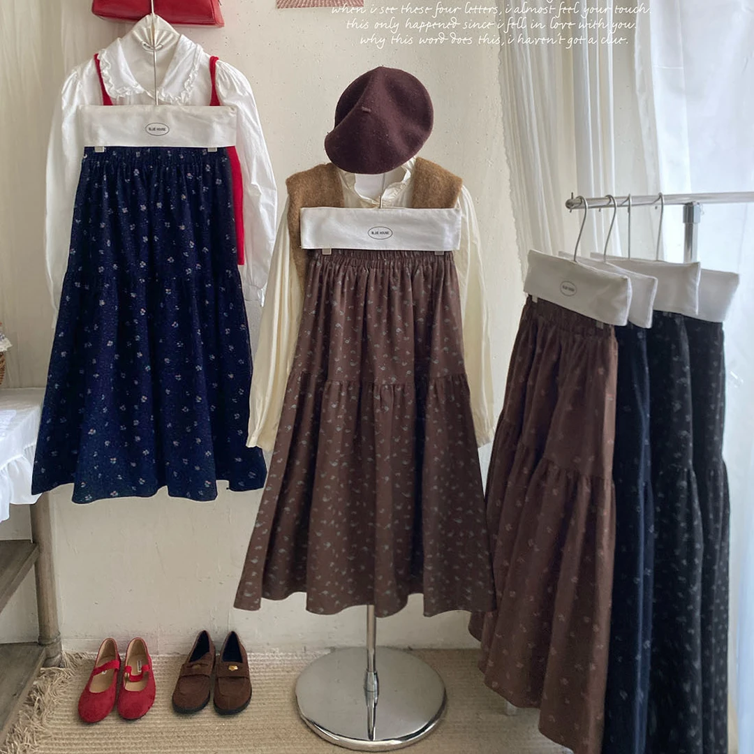 韩国超火复古碎花磨毛拼接半身裙女秋季遮跨显瘦A字长裙大摆伞裙