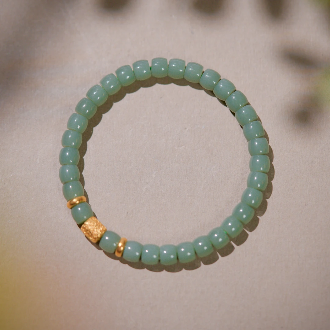 绿樱粉·高定和田玉稀缺粉青18K金手串AS1419珠径约6mm