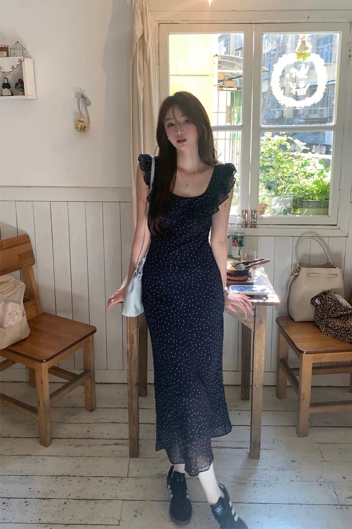 法式小众荷叶边气质设计感两穿显瘦收腰长裙雪纺波点连衣裙