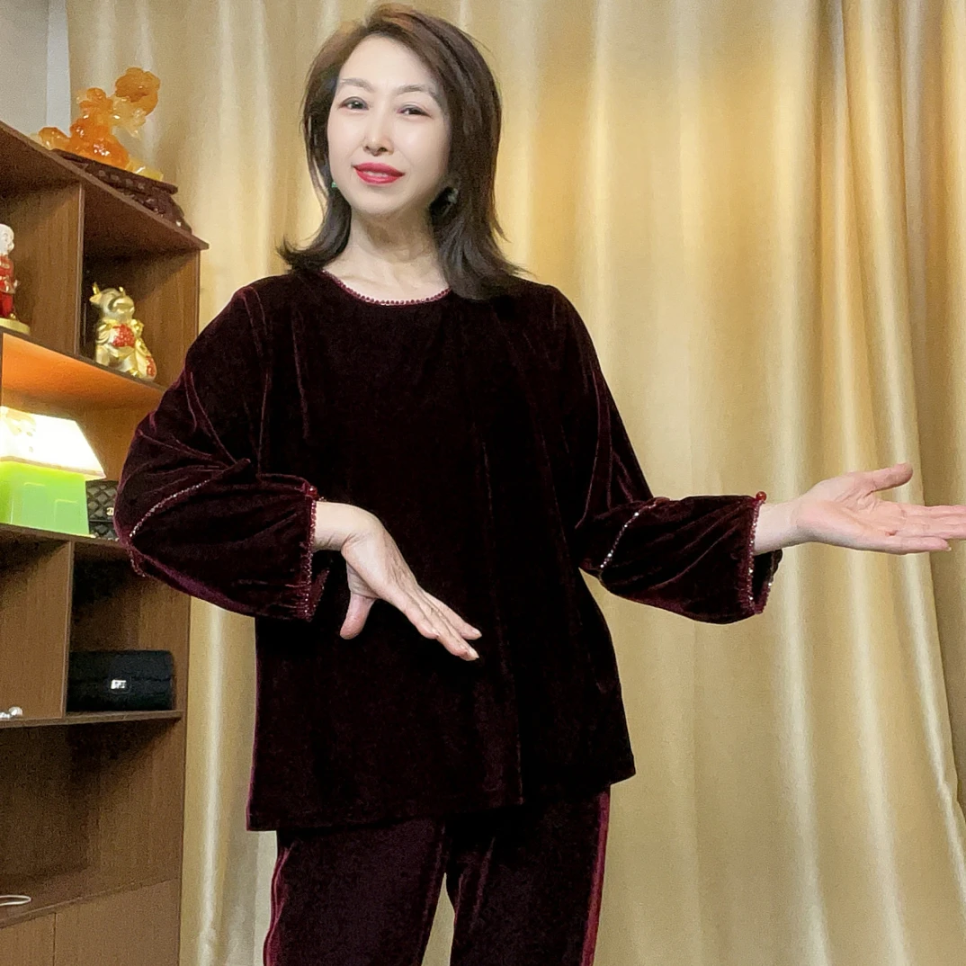 轻奢丝绒重工串珠168九分袖修身显瘦气质百搭款哈伦小脚裤套装